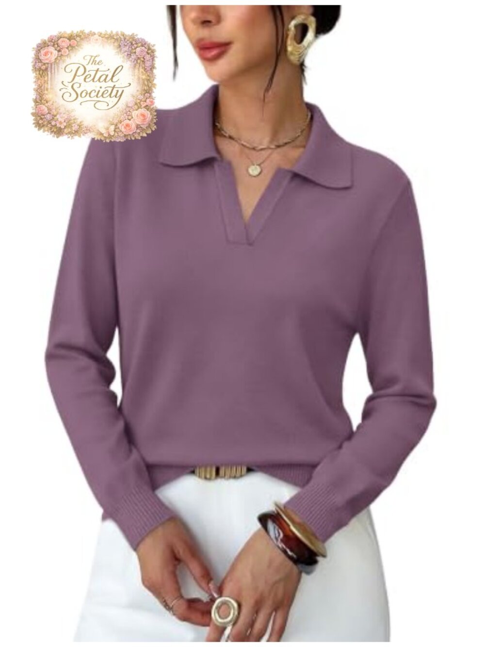 Polo Collar V-Neck Sweater Women Business Casual Long Sleeve Pullover